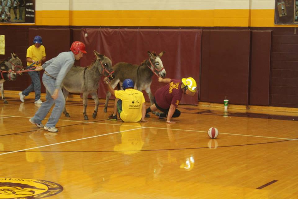 4 people pulling their donkeys while going after the basketball