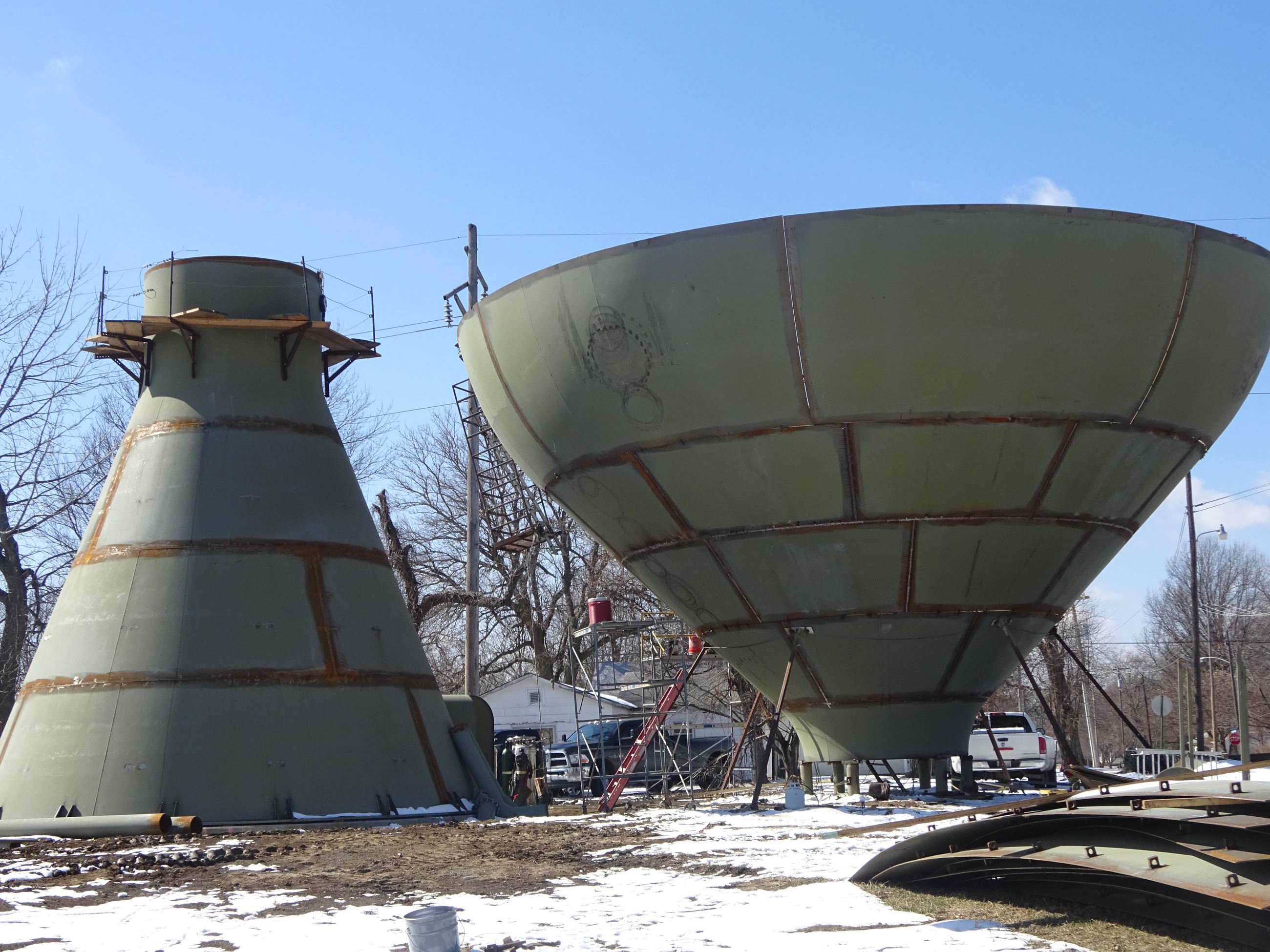 Close up of parts of East Water Tower during construction